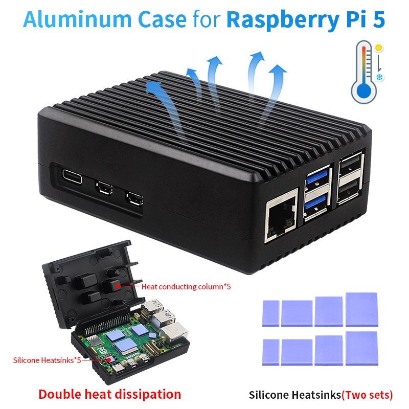 Raspberry Pi 5 8Gb Kit - Raspberry Pi 5 アルミニウム合金ケース 金属シェル シリコンヒートシンク付き